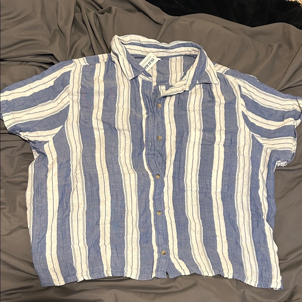 Old Navy Blue and White Vertical Stripe Button-Up Shirt